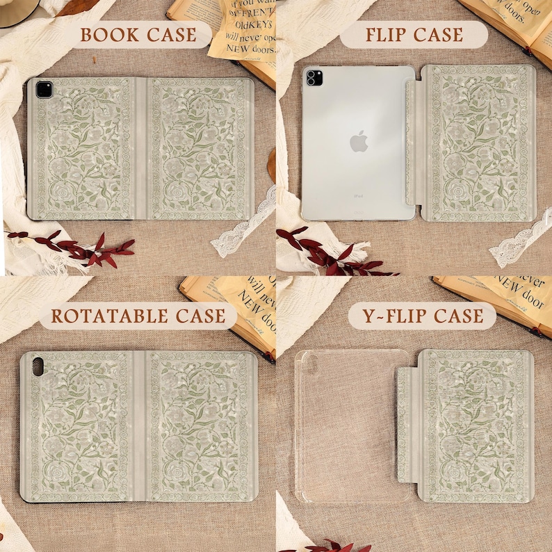 May include: A collection of iPad cases in various styles: Book Case, Flip Case, Rotatable Case, and Y-Flip Case. Each case features a floral pattern in shades of green and beige. The text "BOOK CASE", "FLIP CASE", "ROTATABLE CASE", and "Y-FLIP CASE" are visible.