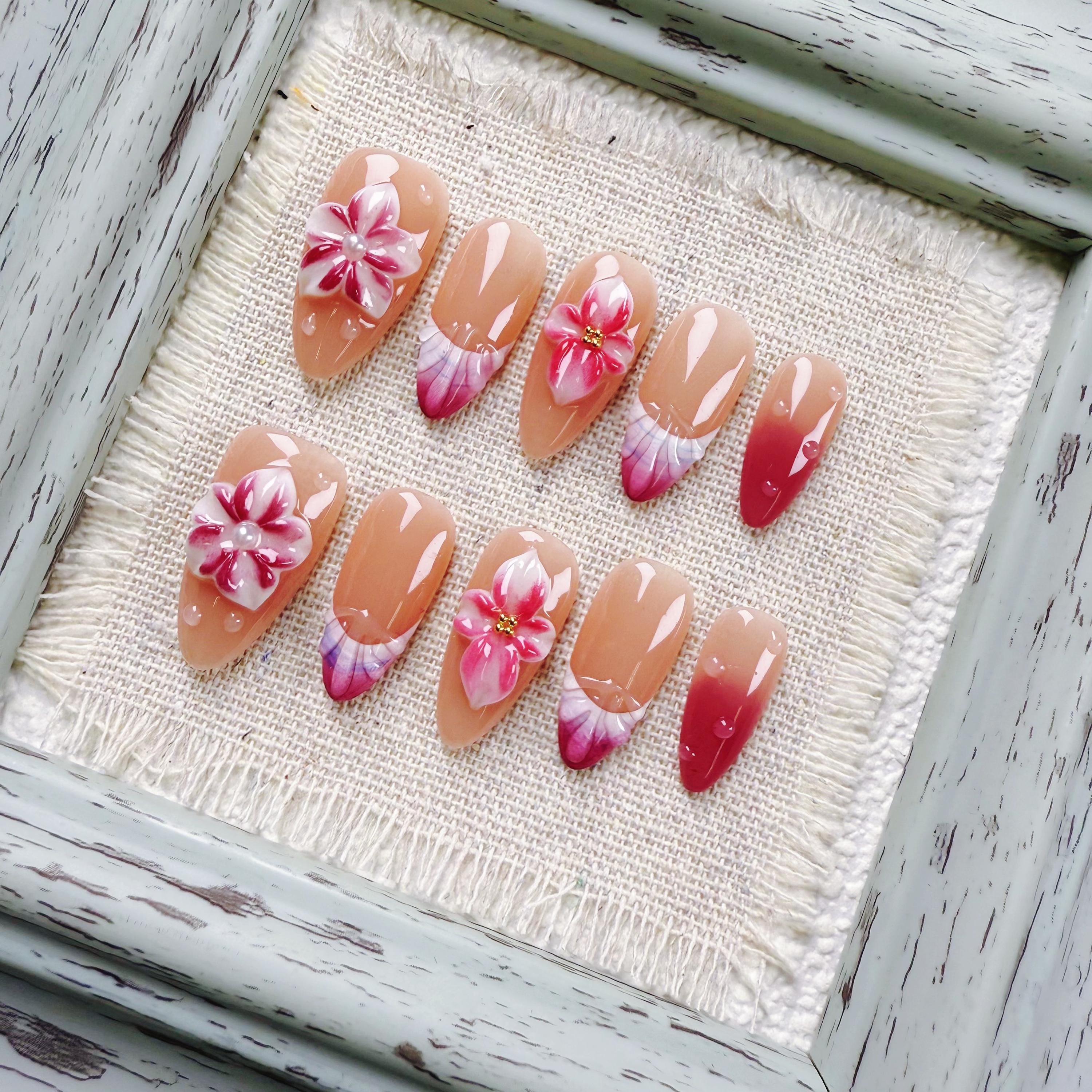 Romantic Almond Press On Nails with Mirror Nude Base and Pink-Red Gradient Floral Accents, Fake Nails for Weddings and Sweet Dates