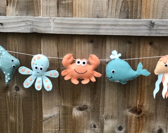 Nursery garland, under the sea, sea life nursery, octopus, crab, jellyfish, under the sea nursery, ocean garland, children’s room decor