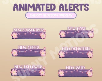 6x Animated Twitch Cute Pastel Pink Cherry Blossom Flower Wooden Signboards Overlay Alerts / Sakura / Kawaii / Streamer Aesthetic