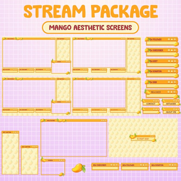 FULL ANIMATED Twitch Stream Package / Aesthetic Pixel Mango Fruit Computer Theme / Streamer Graphics / Kawaii / Streamer / Sparkle / Pastel