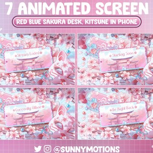 Puede incluir: Siete superposiciones de pantalla animadas con una m&aacute;scara kitsune rosa y azul, flores de cerezo y una puerta de estilo japon&eacute;s. El texto en las pantallas dice "Stream Ended", "Starting Soon", "Currently Offline" y "Be Right Back".