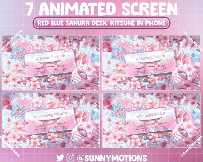 Puede incluir: Siete superposiciones de pantalla animadas con una m&aacute;scara kitsune rosa y azul, flores de cerezo y una puerta de estilo japon&eacute;s. El texto en las pantallas dice "Stream Ended", "Starting Soon", "Currently Offline" y "Be Right Back".