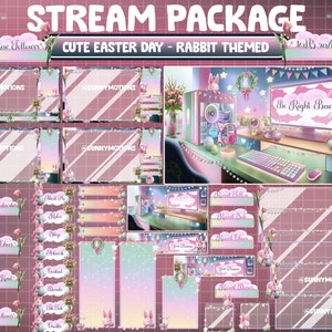 ANIMATED Twitch Overlay Stream Package: Royal Blue Pink Lo-fi Aesthetic Retro Easter Day House, Game Room Rabbit Hug Egg, Cute Bunny Balloon