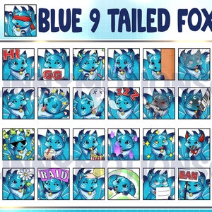 Cute Chibi Blue Turquoise Fox Twitch Discord Emotes / Kawai Animal Emoji / Subscriber / Loyalty Sub Bit Badges / Nine Tailed Fire Fox Emotes
