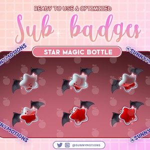 Puede incluir: Seis insignias de suscripción animadas que presentan una estrella roja con alas y una poción roja en su interior. Las insignias están sobre un fondo rosa con un patrón de cuadrícula. El texto "Sub badges" está en la parte superior de la imagen, y "STAR MAGIC BOTTLE" está en el medio. El texto "@SUNNYMOTIONS" está en los lados derecho e izquierdo de la imagen.