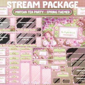 May include: A set of 14 pink and green Twitch stream overlays featuring a Nintendo Switch design with cherry blossoms and a matcha tea party theme. The overlays include a new donation, new host, be right back, new subscriber, about me, recent follows, new cheer, shop, recent cheer, new paid, new follower, recent doner, Tik Tok credits, and a blank overlay.
