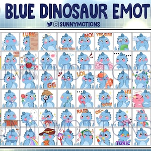 60x Cute Chibi Blue Dinosaur Twitch Emotes, Discord, Streamer, Kawai Dino Emoji, Subscriber Loyalty Sub Bit Badges, Monster, Dragon, T-rex