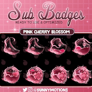 8 Blooming Pink Cherry Blossom Sub Bit Badges, Sakura Flower Crystal Stream Overlay, Spring Floral Loyalty Badges For Twitch Discord, Mixer