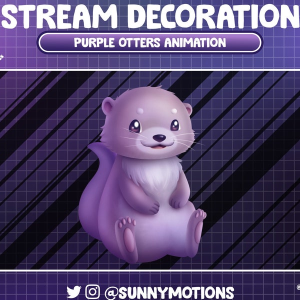 2 Animated Stream Decoration Soft Plushy Toy: Purple Otters Twitch Overlay, Cute Meme Otter, Kawaii Baby Animal Vtuber Add-on Alerts Scenes