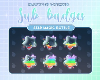 May include: Set of six animated Twitch sub badges featuring a star-shaped bottle with different coloured liquids inside. The text "STAR MAGIC BOTTLE" is above the badges.