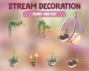 Décoration animée de ruisseau, fleur, chat / thème chaleureux de plante mignonne / Cottagecore / Superposition de Twitch Kawaii / Chambre des amoureux / Esthétique Lofi rétro