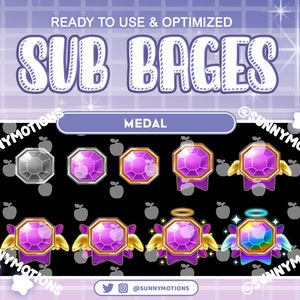 May include: A set of eight animated Twitch subscriber badges featuring a purple gem with gold accents and wings. The badges are labeled "MEDAL" and are ready to use and optimized. The badges are designed by Sunny Motions.
