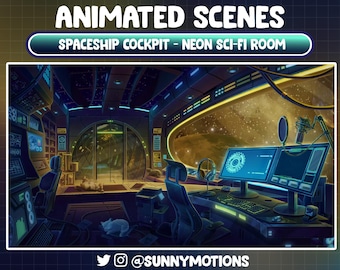 Op de afbeelding: Digitale illustratie van een ruimteschipcockpit met neonverlichting. De scène bevat computermonitoren, bedieningspanelen en een groot raam met uitzicht op een sterrenstelsel. De tekst luidt "Animated Scenes Spaceship Cockpit - Neon Sci-Fi Room."