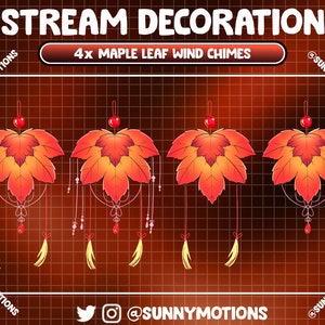 4 Animated Stream Decoration: Cozy Maple Leaf Wind Chime, Autumn Leaves Bell Twitch Overlay, Gaming Light Vtuber Addon, Fall Stream Set Up