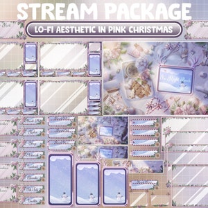 ANIMOWANY pakiet nakładek Twitch do strumienia / Estetyka Lo-fi w różowym świątecznym nastroju biurka / Uroczy śpiący kotek / Miłośnik świąt zimowy szydełkowany