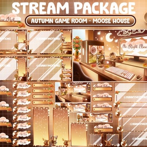 ANIMATED Twitch Overlay Stream Package: Lo-fi Aesthetic Autumn House, Cozy Game Setup Room, Moose, Maple Leaves, Orange Chrysanthemum Flower