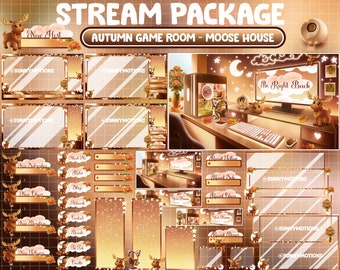 Op de afbeelding: Een set Twitch-stream overlays met een cartoon-elch in een herfst-thema game room. De overlays bevatten een "Nieuwe Host", "Ben zo terug", "Recente Volger", "Recente Sub" en "Recente Cheer" panelen, evenals een "Nieuwe Donatie" en "Nieuwe Volger" paneel. De overlays zijn ontworpen in een warme, uitnodigende kleurenpalet met een vleugje glitter.