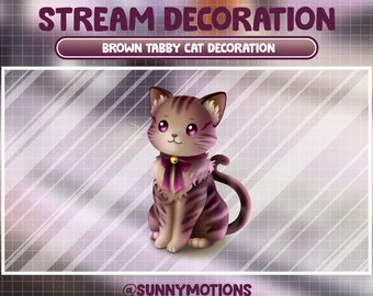 Animated Stream Decoration Animal Soft Plushy Toy / Lofi Aesthetic Purple Brown Tabby Cat / Kawaii Calico Cat Twitch Overlay / Kitty Add-on