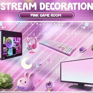 Animated Stream Decoration:  Pink Cozy Theme Flower Plant, Computer Music Rabbit Mouse Moon Light / Kawaii Twitch Overlay / Vtuber Accessory