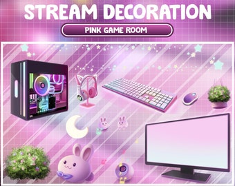 Animated Stream Decoration:  Pink Cozy Theme Flower Plant, Computer Music Rabbit Mouse Moon Light / Kawaii Twitch Overlay / Vtuber Accessory