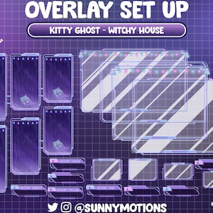 May include: A set of Twitch overlay graphics featuring a purple and blue color scheme with a cartoon kitty ghost. The overlays include a title card, a chat box, a donation alert, a follow alert, a subscriber alert, and a recent cheer alert. The text "@SunnyMotions" is included in the image.