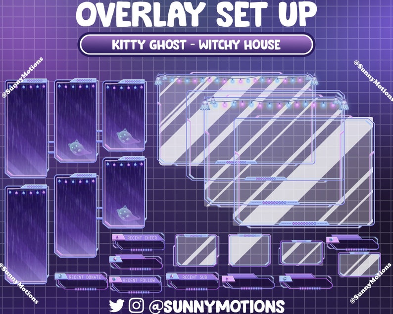 May include: A set of Twitch overlay graphics featuring a purple and blue color scheme with a cartoon kitty ghost. The overlays include a title card, a chat box, a donation alert, a follow alert, a subscriber alert, and a recent cheer alert. The text "@SunnyMotions" is included in the image.