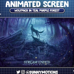ANIMATED Stream Screen: Wolfpack In Teal Purple Forest, Waterfall, Aesthetic Cozy Crowed Wolf Family Twitch Overlay, Glowing Dust Dark Scene