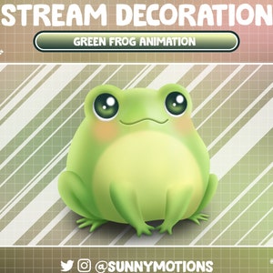 May include: A green frog with large eyes and a wide smile sits on a white and green striped background. The text "GREEN FROG ANIMATION" is displayed above the frog.