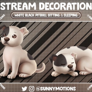 May include: Two cartoon illustrations of a white and black pit bull dog. One is sitting and the other is sleeping. The background is a brown and black striped pattern. The text "STREAM DECORATION" and "WHITE BLACK PITBULL SITTING & SLEEPING" is at the top of the image. The text "@SUNNYMOTIONS" is at the bottom of the image.