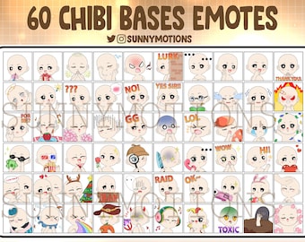 Puede incluir: Un conjunto de 60 bases de personajes chibi en blanco para emoticonos. Las bases están en formato de cuadrícula y presentan varias expresiones y poses. El texto "60 CHIBI BASES EMOTES" está en la parte superior de la imagen. El texto "@SUNNYMOTIONS" está debajo del título.