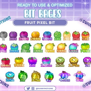 May include: A chart of pixelated fruit icons representing different bit bag sizes, ranging from 100 bits to 5 million bits. The chart is labeled "Bit Bages" and "Fruit Pixel Bit".
