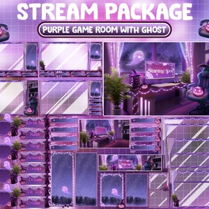 ANIMATED Twitch Overlay Stream Package / Lo-fi Purple Aesthetic Halloween PC Room: Evil Pumpkin, Ghost Candles, Witchy Black Cat, Fishbowl