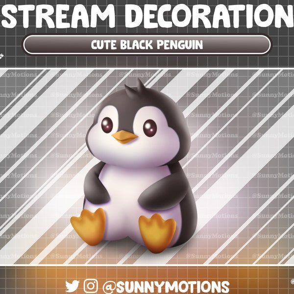 Animated Stream Decoration Soft Plushy Toy: Lo-fi Aesthetic Black Penguin, Cute Sea Animal Add-on Kawaii Penguin Twitch Overlay Vtuber Asset