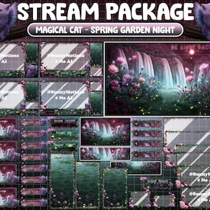 May include: A digital stream package with a magical cat theme. The design features a waterfall scene with pink and purple flowers, a cat with wings, and various overlay elements. Text includes "STREAM PACKAGE" and "MAGICAL CAT - SPRING GARDEN NIGHT".