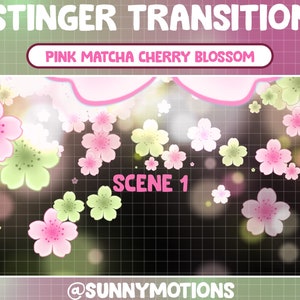 2 ピンク グリーン 抹茶 桜の花 アニメーション Twitch シーン スティンガー トランジション、かわいい桜の Twitch オーバーレイ、春の花びらの流れ