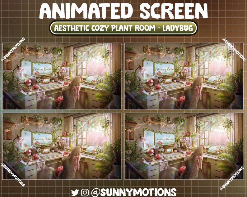 ANIMATED Stream Package: Lo-fi Aesthetic Desk Green Plant Ladybug Room ...