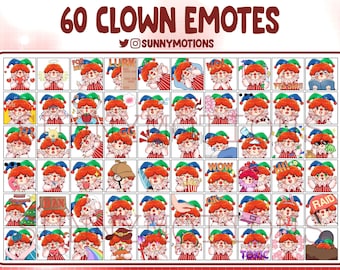 Paquete de 60 emoticones de payasos chibi para Twitch, Discord, Streamer, paquete de emojis de circo divertidos de Kawai, insignia de suscripción de fidelidad de suscriptores, YouTube, Facebook