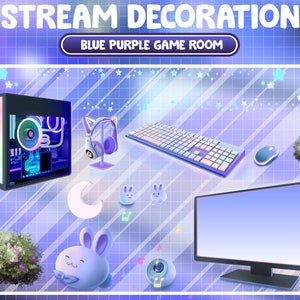 May include: A blue and purple themed gaming room with a computer, keyboard, mouse, headset, and other decorations. The text "BLUE PURPLE GAME ROOM" is displayed on a white banner.