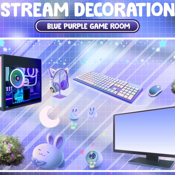 Decoración de transmisión animada: Planta de flores con tema acogedor azul, Música de computadora Conejo Ratón Luz de luna / Superposición de Twitch Kawaii / Accesorio Vtuber