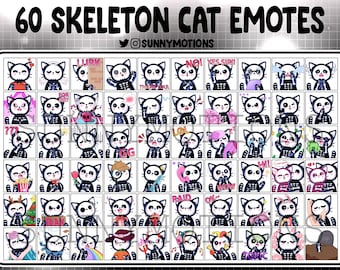 60種類の骸骨猫ストリーム絵文字、黒猫Twitchオーバーレイ、かわいいハロウィン子猫絵文字、死んだ猫サブビットバッジ、ゴスボーンズ不気味な頭蓋骨ニャー