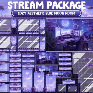 May include: A digital stream package titled Cozy Aesthetic Blue Moon Room featuring purple and blue moon-themed overlays, panels, and screens. The set includes frames with winged bows, text labels like New Subscriber and About Me, and a Be Right Back screen.