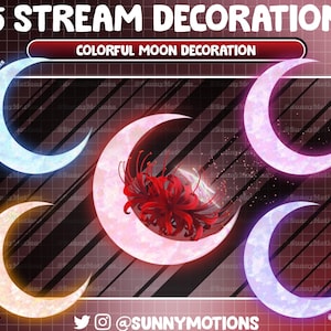Puede incluir: Cinco superposiciones en forma de media luna de diferentes colores, incluyendo rosa, azul y amarillo. Las superposiciones están decoradas con un efecto brillante. La superposición central es rosa y presenta una flor roja. El texto "5 STREAM DECORATION" y "COLORFUL MOON DECORATION" está en la parte superior de la imagen. El texto "@SUNNYMOTIONS" está en la parte inferior de la imagen.