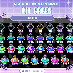 Könnte beinhalten: Ein Satz von 20 bunten animierten Bit-Abzeichen in Form von Flaschen. Die Abzeichen sind für Twitch- und YouTube-Streamer gedacht, um Zuschauer für das Spenden von Bits zu belohnen. Die Abzeichen zeigen verschiedene Bit-Beträge von 1 bis 5 Millionen.
