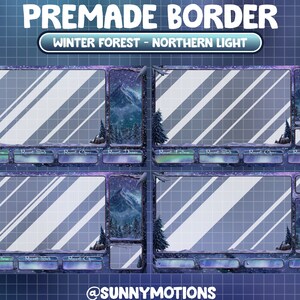 K&ouml;nnte beinhalten: Ein blauer und violetter Twitch-Stream-Rahmen mit einer Winterwaldszene und dem Text "PREMADE BORDER" und "WINTER FOREST - NORTHERN LIGHT".