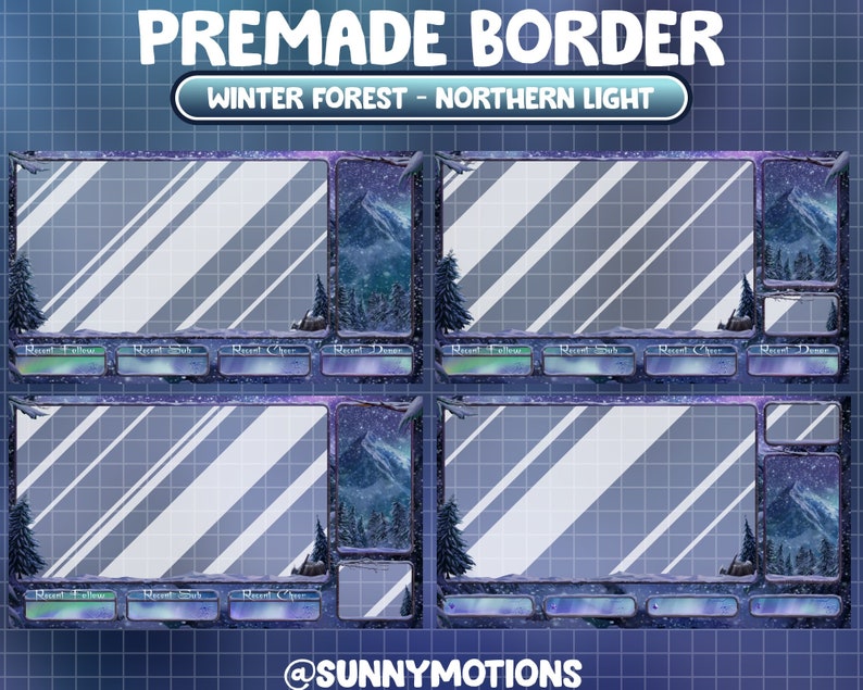 K&ouml;nnte beinhalten: Ein blauer und violetter Twitch-Stream-Rahmen mit einer Winterwaldszene und dem Text "PREMADE BORDER" und "WINTER FOREST - NORTHERN LIGHT".