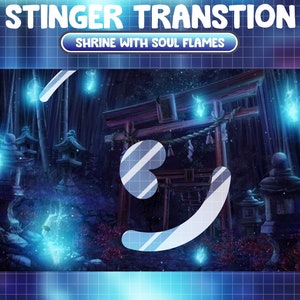 Puede incluir: Una ilustración digital de un santuario japonés con luces azules brillantes en un entorno de bosque. El texto "Shrine with Soul Flames" se muestra sobre la imagen.