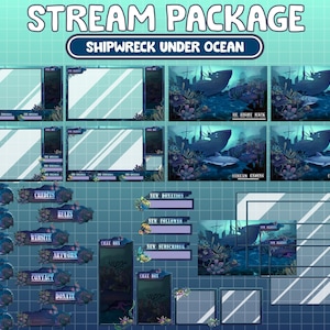 Ensemble de flux Twitch ANIMÉ COMPLET / Oeuvres d'art sous-marines avec requin et épave de bateau / Superpositions de créatures marines et de poissons sous l'eau