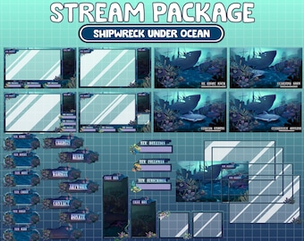 FULL ANIMATED Twitch Stream Package / Under Ocean Art with Shark And Stunning Shipwreck / Ocean Creatures  Fish Underwater Twitch Overlays