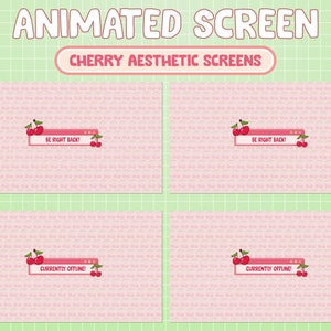 Könnte beinhalten: Vier animierte Bildschirme mit einem rosa Kirschmuster-Hintergrund. Die Bildschirme zeigen zwei verschiedene Nachrichten: "Be right back!" und "Currently offline!" mit einer Kirschgrafik auf jedem.